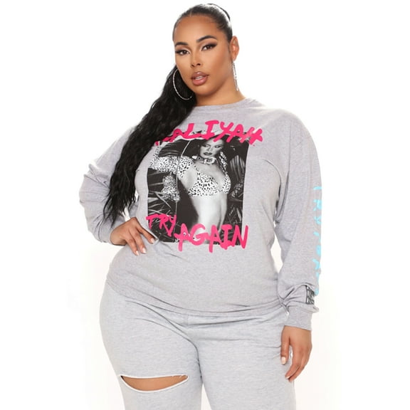 Aaliyah Try Again Women's Plus Size Long Sleeve T-Shirt - (1X)