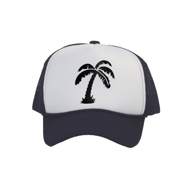 Men's Palm Tree Cap Snapback Trucker Hat, White/Navy