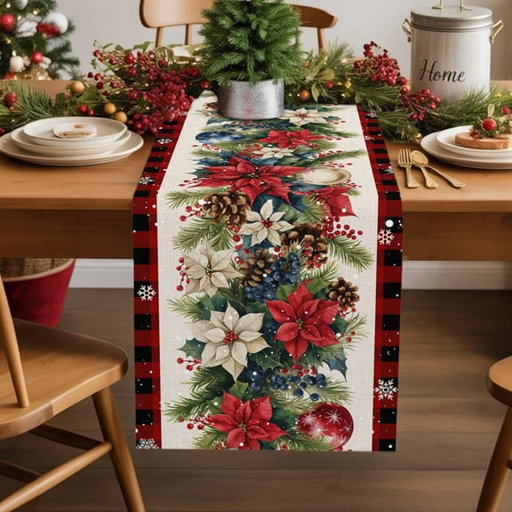 Burlap Table Runner 36 Inches Long,Christmas Poinsettia Fir Leaves Non-Slip Kitchen Table Runners for Dining Room Everyday Use Party Table Decorations Snowflakes Red Plaid Retro Linen