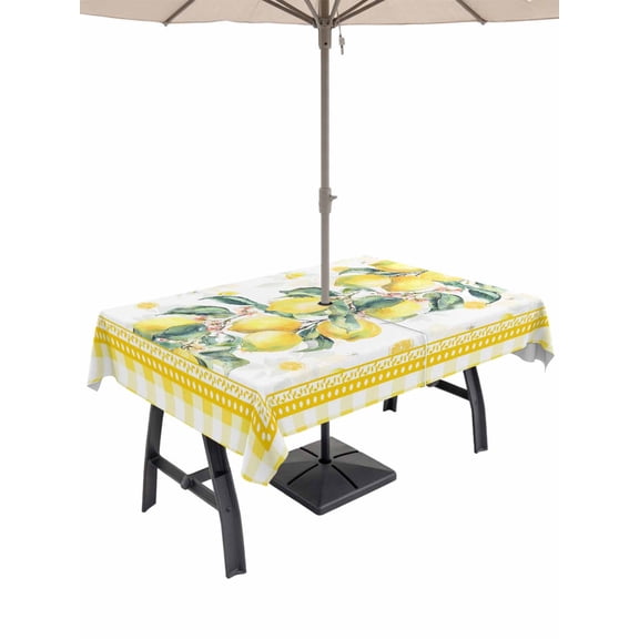 Outdoor Tablecloth with Umbrella Hole for Patio/Picnic/Party/Camping, Yellow Lemon Waterproof Table Cloth Rectangle Table Cover Washable, Summer Botanical Plaid Elegant Pastoral (54"x 80")