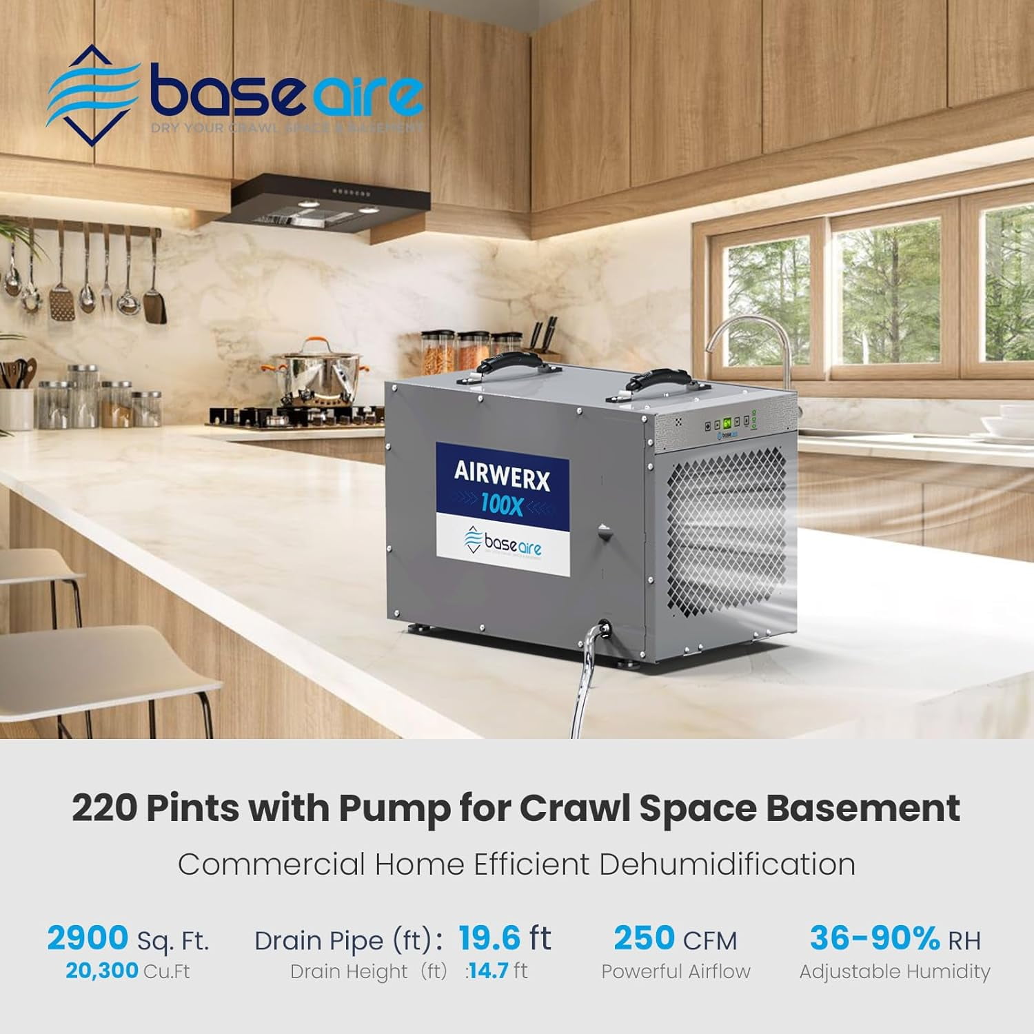 BaseAire 220 Pints Crawlspace Dehumidifiers with Pump and Drain Hose, Up to 2900 Sq Ft ,Commercial Dehumidifier for Home,Garage and Basement, Large Capacity,  Auto Defrost, Intelligent Control