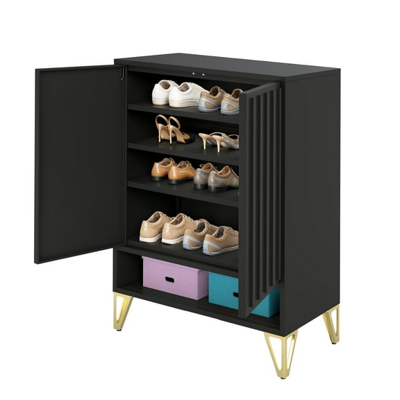 YYEAN 5-Tier Fluted Steel Shoe Rack Cabinet Fluted Shoe Organizer w/ 2 Doors Entryways-Black