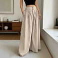 thumbnail image 2 of Women's Cotton Linen Loose Straight Pants, High Waisted with Pockets, Elastic Drawstring Comfort, Casual Lounge Beach Business Summer | VerBelle,Beige 2XL, 2 of 7
