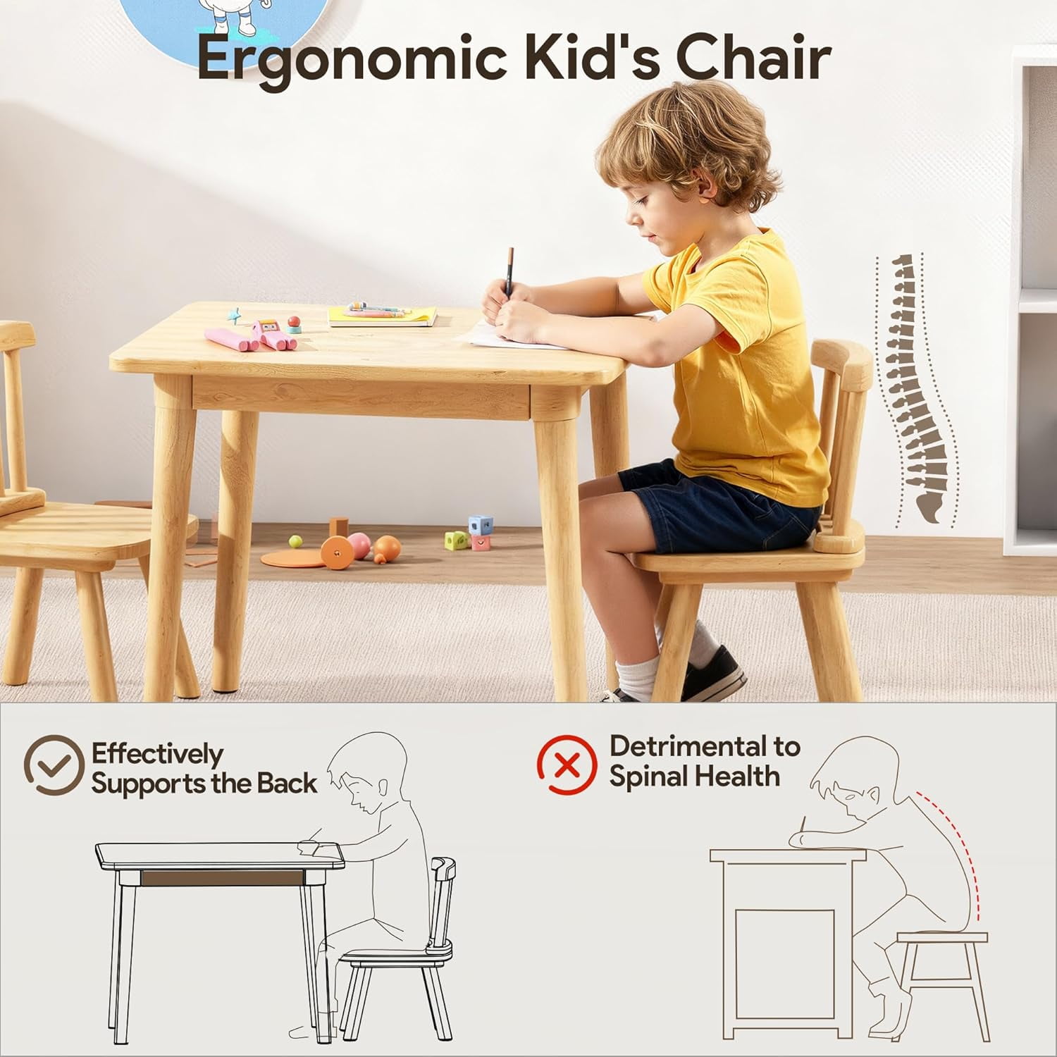 Brelley Solid Wood Kids Table and 2 Chairs Set, Toddler Desk 23.6" L x 19.7" W and Chair Set, Graffiti Desktop, Classroom/Daycare/Home, Children Multi-Activity Table for Ages 2-8