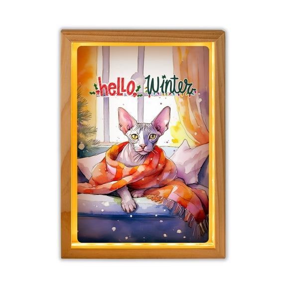 Watercolor Hello Winter Sphynx Chill Christmas Welcome Acrylic Plaque with Wood Photo Frame Box Cat Lover Kitten Owner Gifts Idea Light Box - 00016