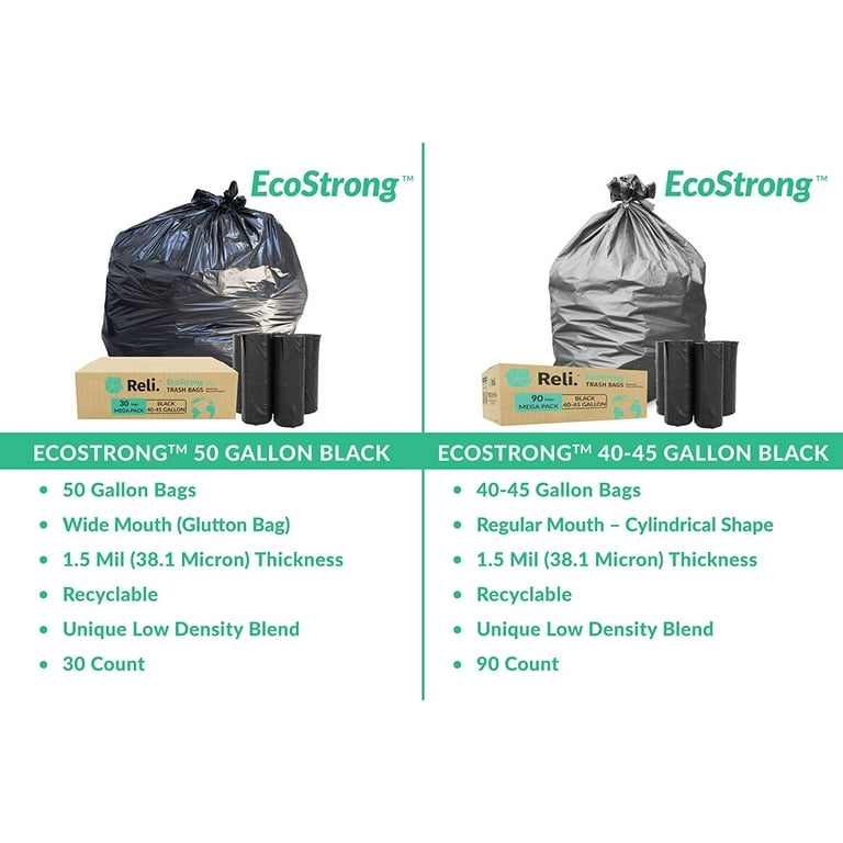 Reli. Eco-Friendly 50 Gallon Trash Bags (30 Bags) Recyclable 45 Gallon Large  Garbage Bags - Made of Recycled Material (Black) 