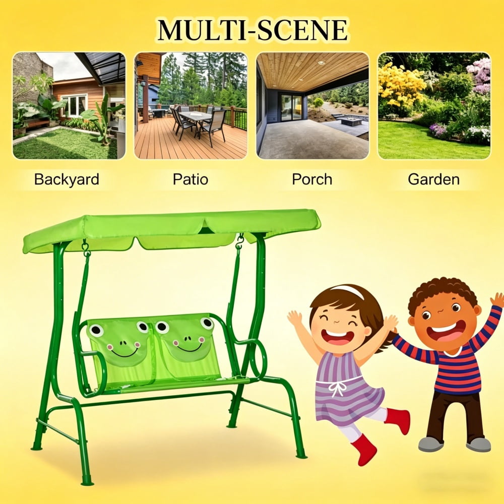 Green Double Seat Kids Swing Chair, 43.25" Steel Frame Swing with Adjustable Canopy, Safety Belts & Lion Design for 3-6 Years Old, 132 lbs Capacity