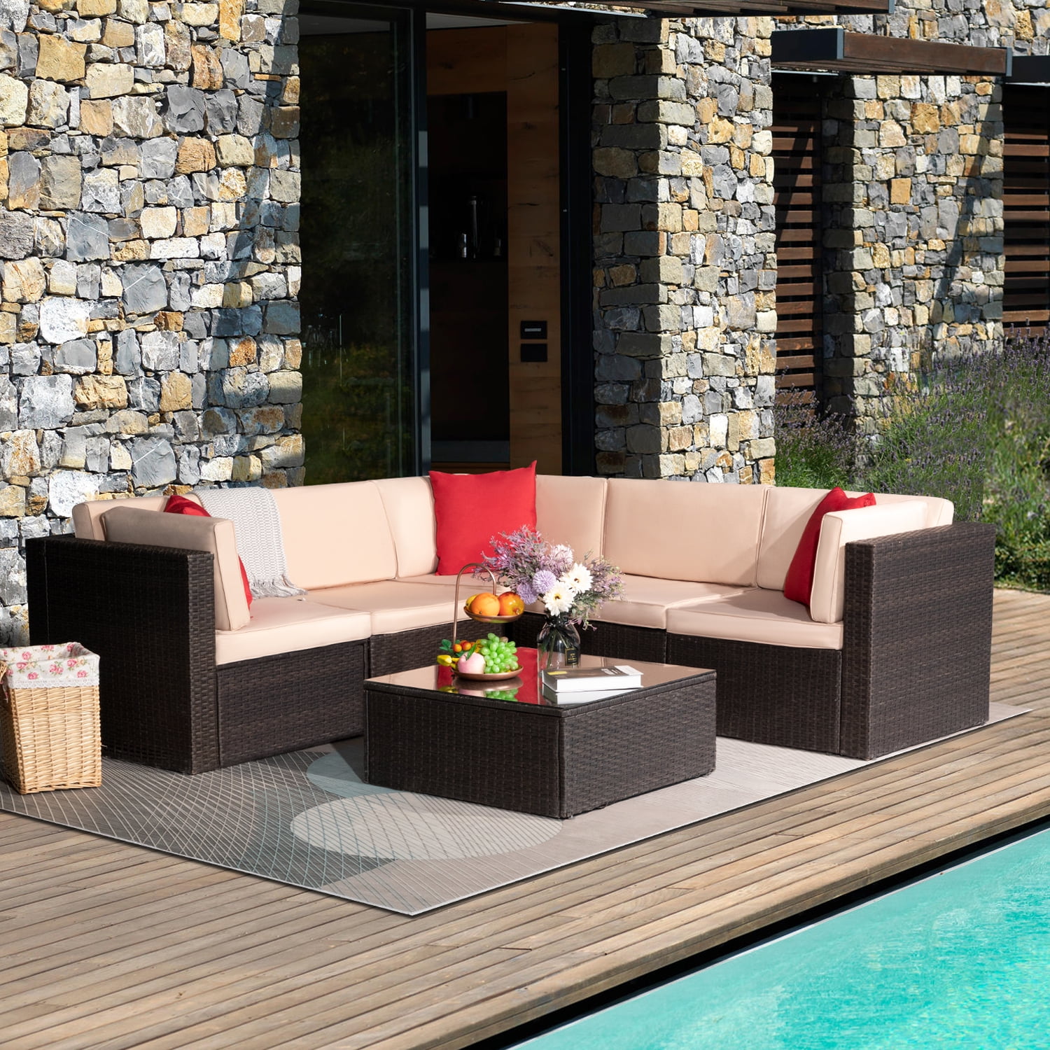 Orange EXCITED WORK Outdoor Sectional Couch Set-3 Piece Patio Rattan Wicker Furniture Set with Washable Cushions 