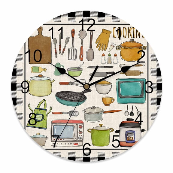 Wall Clock Cooking Kitchenware Clocks PVC Silent Non-Ticking Battery Operated Decorative Kitchen Tool Black Plaid Round Clock for Home Living Room Kitchen Bedroom Office School Wall Decor 10 Inch