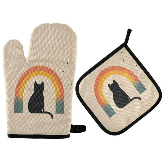 Yayeee Oven Mitts and Pot Holder Set of 2 Heat Resistant Kitchen Gloves Baking Hot Pad, Beige Cat Rainbow