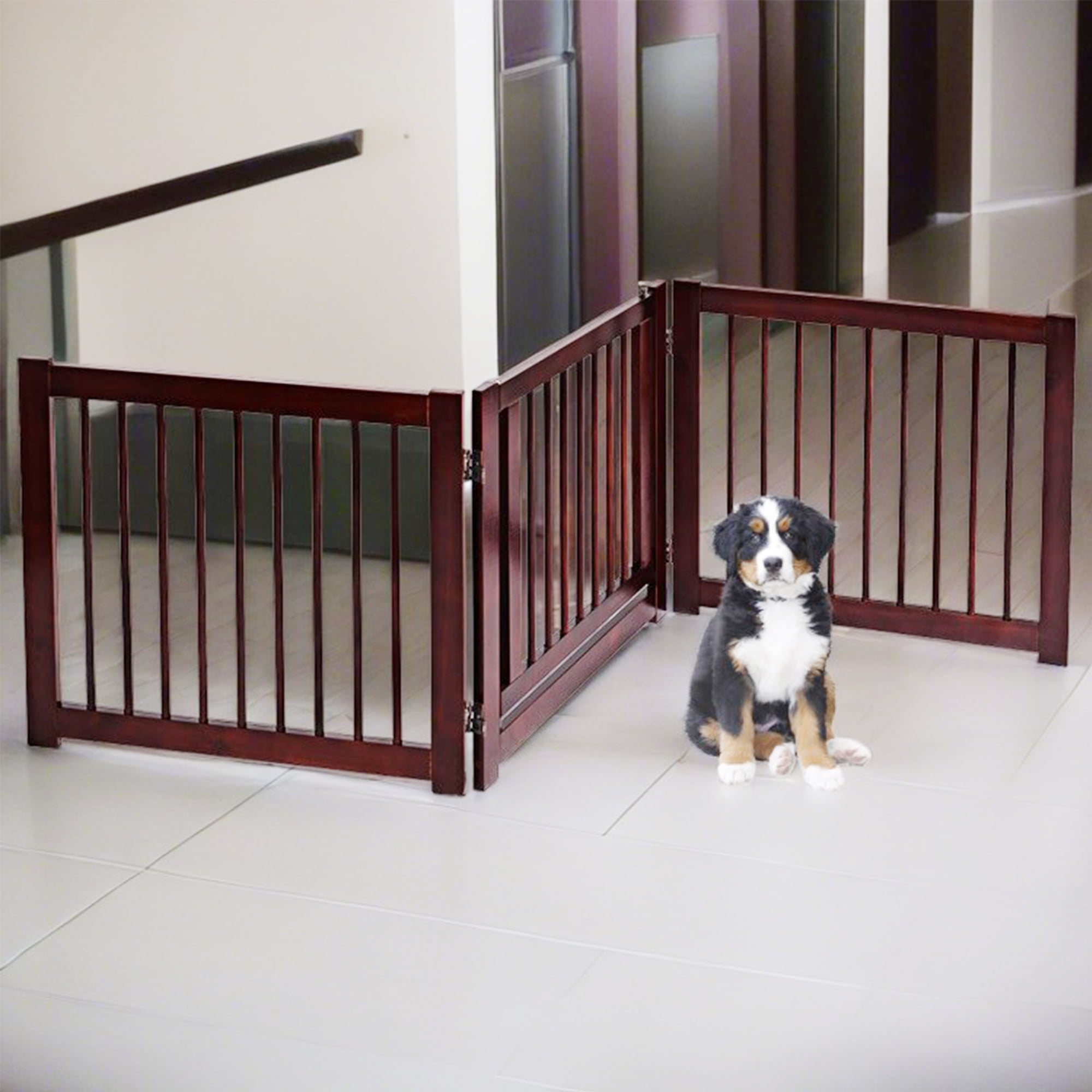 Pefilos 81" 3 Panel Freestanding Pet Gate Wooden Folding Fence for Doorways, Stairs Step Over Divider for Dogs and Puppies, Brown