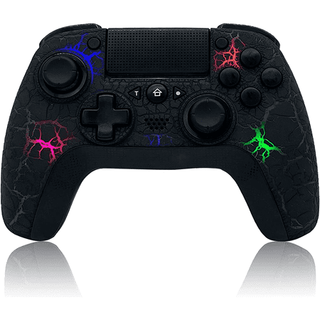 UHM Wireless Controller for PS4, Wireless Remote Gamepad with Unique Cracked Design/8 Adjustable LED Colors/Programmable Back Buttons/Super Turbo/Dual Vibration for PS4/PC/iOS,Black