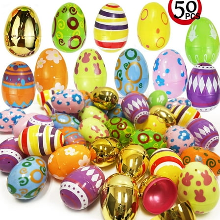 GIFTEXPRESS 50 Pcs Pattern Printed Easter Eggs, Empty Egg for Easter Hunt, Easter Basket Stuffers Fillers, Classroom Prizes, Office Treats, Goodies bag and Easter Party Favor