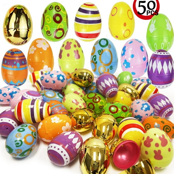 GIFTEXPRESS 50 Pcs Pattern Printed Easter Eggs, Empty Egg for Easter Hunt, Easter Basket Stuffers Fillers, Classroom Prizes, Office Treats, Goodies bag and Easter Party Favor