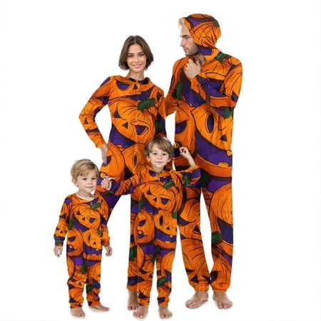 

Busydd Family Halloween Pajamas Sets Fashion Casual Long Sleeve Pumpkin Print Sleepwear Zipper Hooded Jumpsuit Holiday Pajamas Family Matching Halloween Pajamas for Men/Women/Kids/Baby