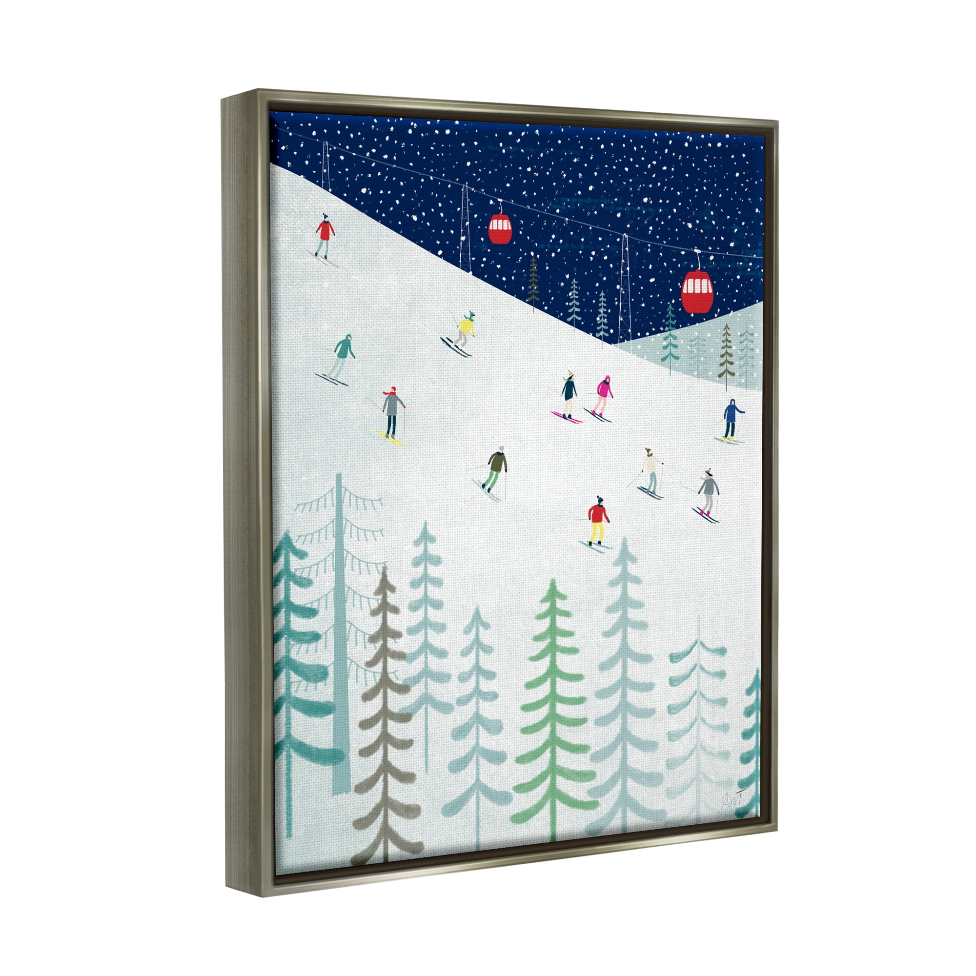 Stupell Industries Skiing Night Sky Winter Slopes Holiday Painting Gray Floater Framed Art Print Wall Art