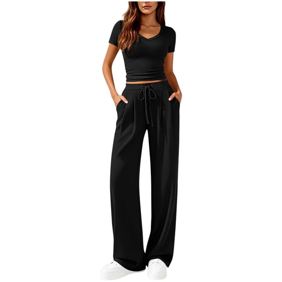 Fashion Women's Two Piece Matching Lounge Set Short Sleeve Solid Color Side Ruching V Neck Top Wide Leg Drawstring Pants Set with Pockets
