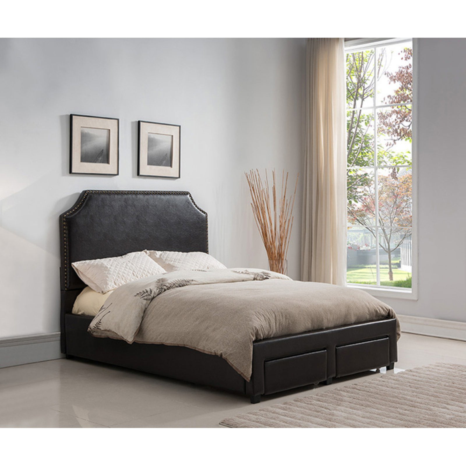 K&B Furniture Faux Leather Dark Brown Upholstered Bed