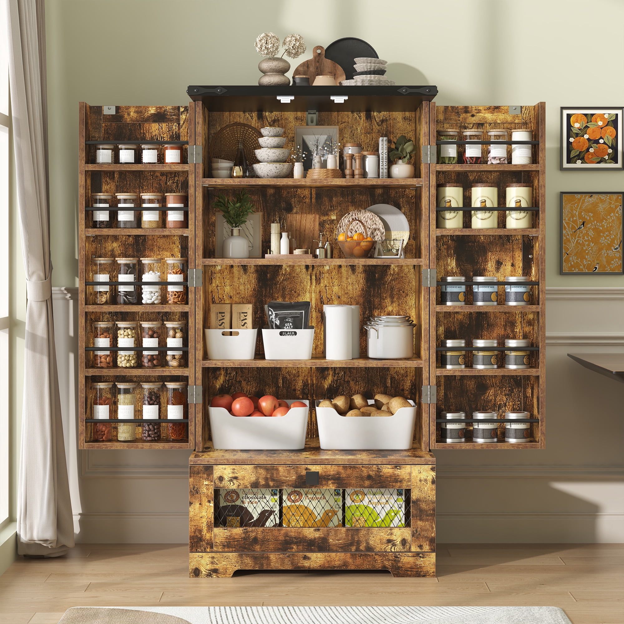 Casendy Kitchen Pantry Cabinets with Adjustable Shelves and Drawer, Farmhouse Kitchen Pantry Storage Cabinet with Doors, Buffet Cupboards Sideboard for Dining Room, Bathroom, Brown