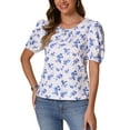 thumbnail image 1 of INSPIRAR CHIC Blusa de Verano Casual con Mangas Abullonadas y Cuello Redondo para Mujeres, con Lazo en la Espalda, Floral, S Blanca Azul, 1 of 6