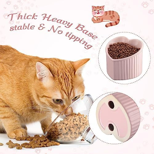 2 Pcs Ceramic Elevated Cat Bowls Tilted Elevated Raised Pet Bowls Anti Vomit Cat Dish for Indoor Stress Free Water Dish Feeder for Puppies, Heart Shaped(Pink)