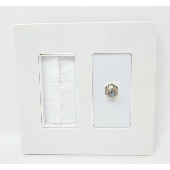 RiteAV Mesh Brush Coax Cable TV Wall Plate Dual 2 Gang Screwless Decorative White