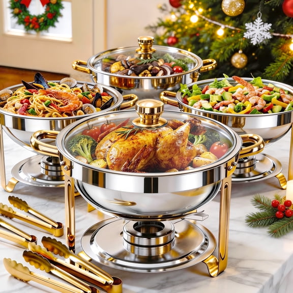 CATGOOD Chafing Dishes for Buffet 4 Pack, 5.3QT Round Chafing Dish Buffet Set for Parties, Gold Stainless Steel Buffet Servers and Warmers with 4 Serving Tongs