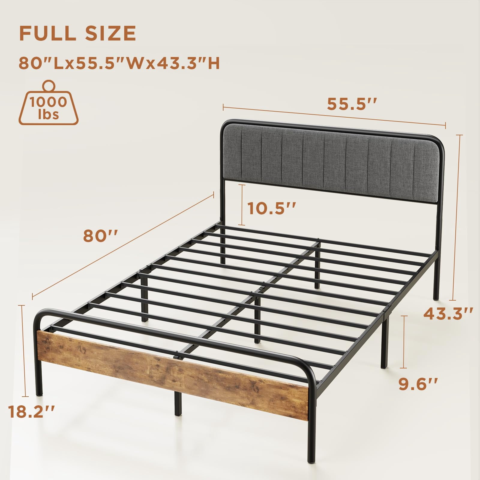 Full Size Bed Frame with Headboard, Under-Bed Storage, 850lbs, Beige