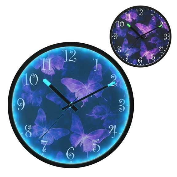 Voice Activated Clock with Glow Light 12 Inch Large Silent Wall Clock Battery Operated for Home Decor Purple Glowing Butterflies