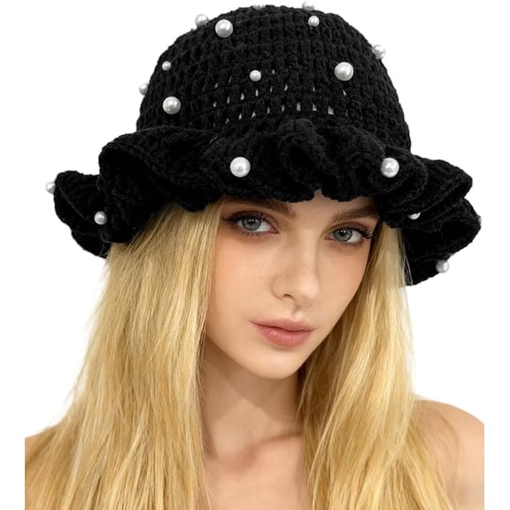 Crochet Pearl Bucket Hat for Womens Boho Knitted Hat Trendy Fisherman Hat Foldable Handmade Bucket Cap for Travel Daily Wear