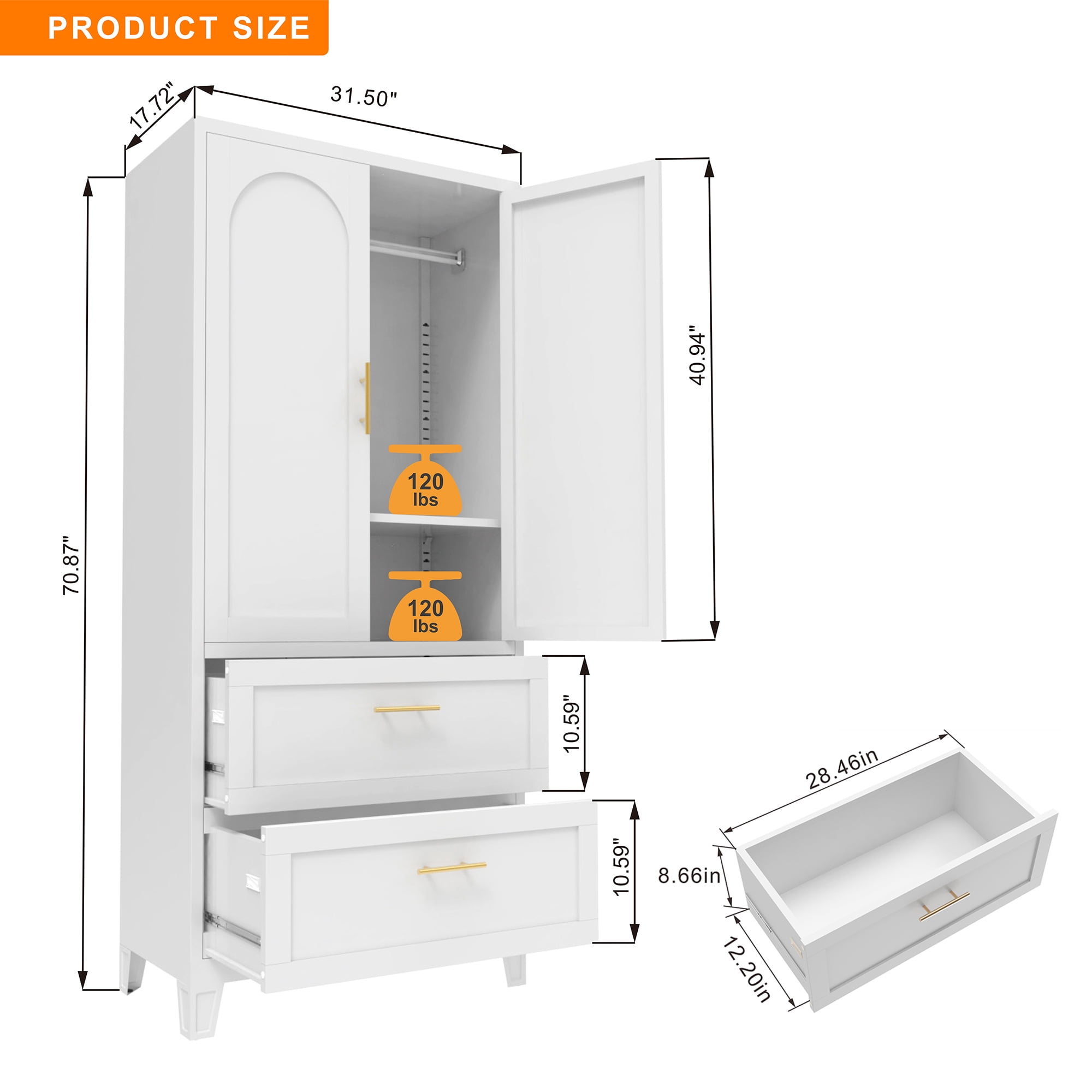 Leumius 71" Tall Metal Wardrobe Closet,Modern Armoire Wardrobe Cabinet 2 Drawers & Hanging Rod,Clothes Storage Organizer Cabinets with Double Doors for Bedroom,Living Room-White