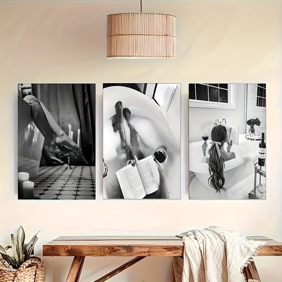 2D Flat, 3pcs Canvas Art Set, Frameless Wall Decor - Feminist Bathtub Drinking Reading Poster, Black and White Print, Alcohol-Themed Bathroom Girl Decoration Painting, Black And White Wall Art, Bath
