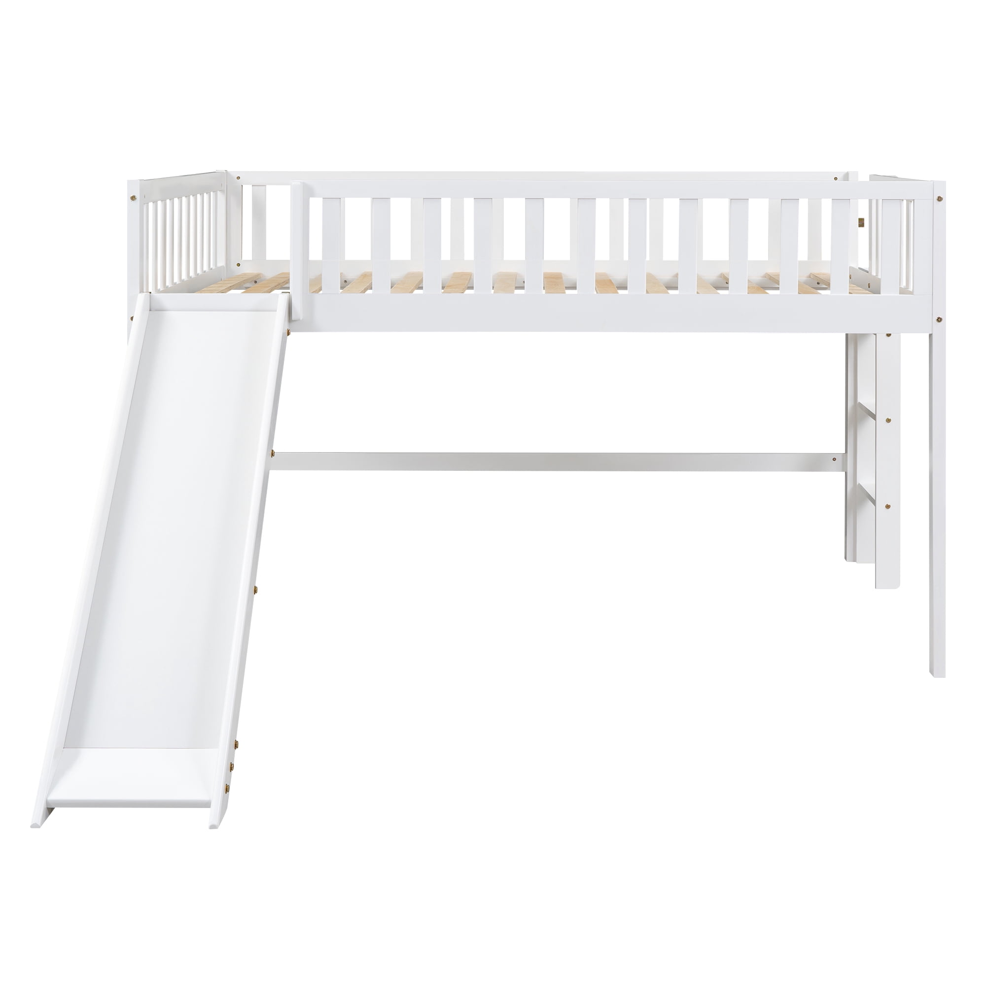 Euroco Wood Full Size Loft Bed, Low Profile Bed with Vertical Ladder and Slide for Kids Teens, White
