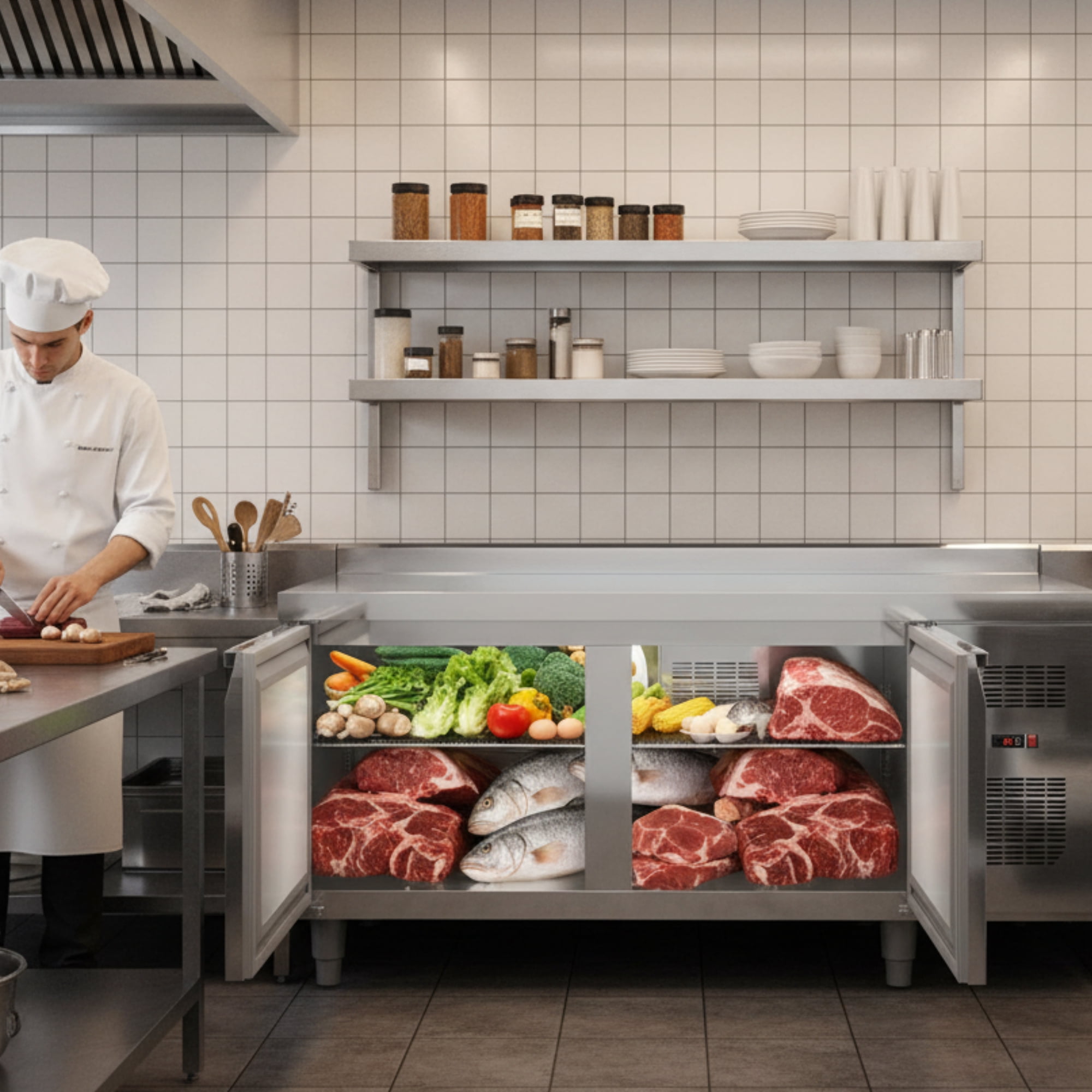 Garvee 60" Commercial Fridge, 15 Cu.ft Stainless Steel Undercounter Refrigerators with 2 Door and LED Display for Restaurant, Kitchen