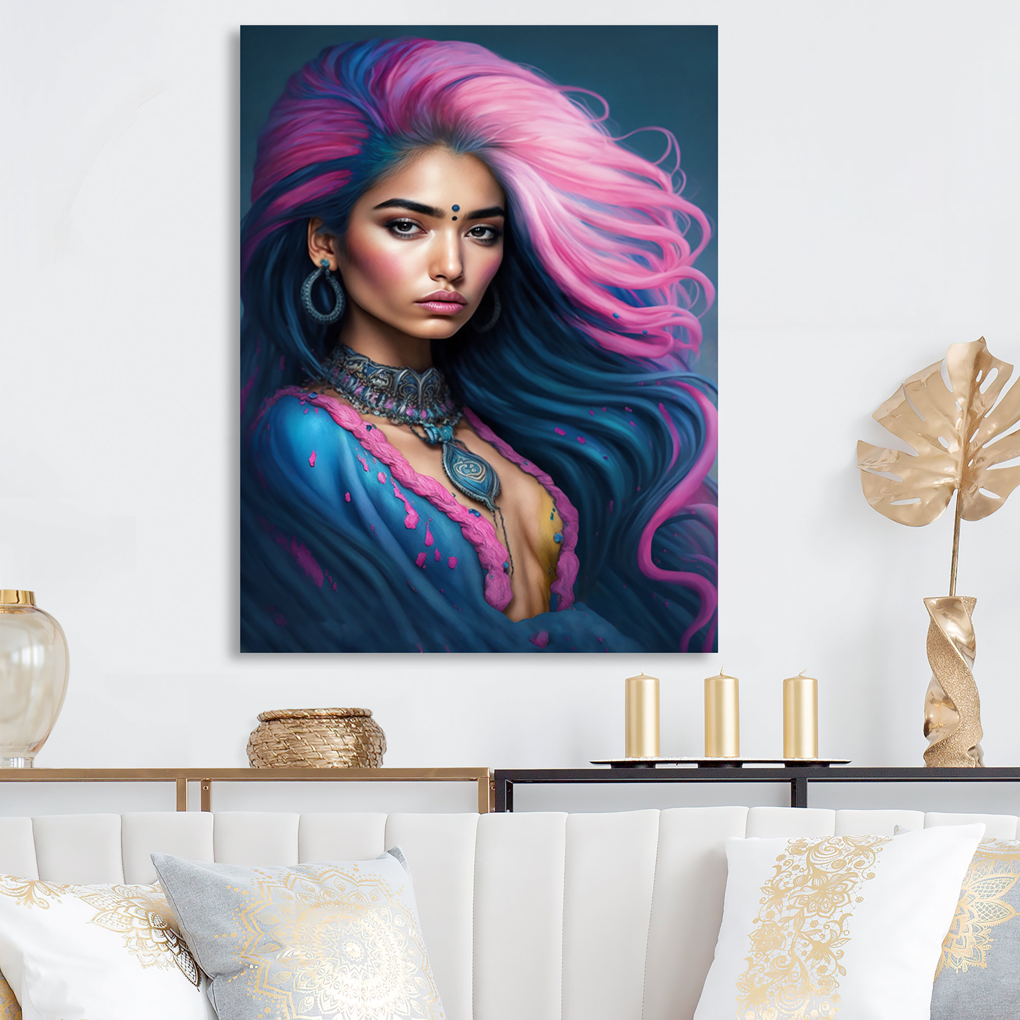 Designart Fashion Indian Woman In Pink And Blue VI Canvas Wall Art