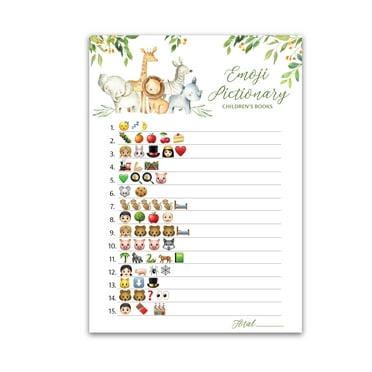 EMOTICON Baby Shower Game — Pack of 25 — SAFARI ANIMALS Pictionary Children's Book Baby Shower Games Rustic Forest Jungle Animals Theme Games Country Gender Neutral Couples Shower G550-EMJ
