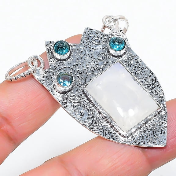 Rainbow Moonstone, Blue Topaz 925 Sterling Silver Jewelry Pendant 2.21"