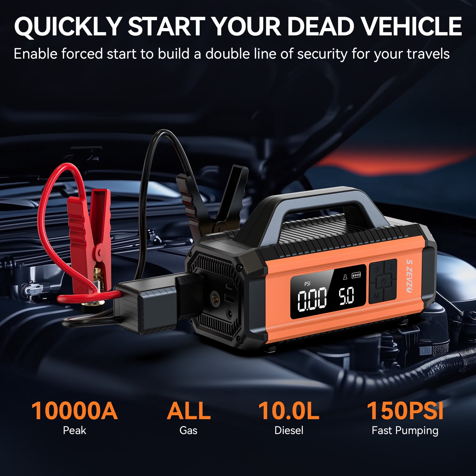 2 IN 1 Car Jumper Box with Air Compressor(Up to All Gas/10.0L Diesel Engines)，10000A Peak 12000mAh Battery Jump Starter with USB Fast Charging, Portable Battery Booster for 12V Car SUV Vehicles