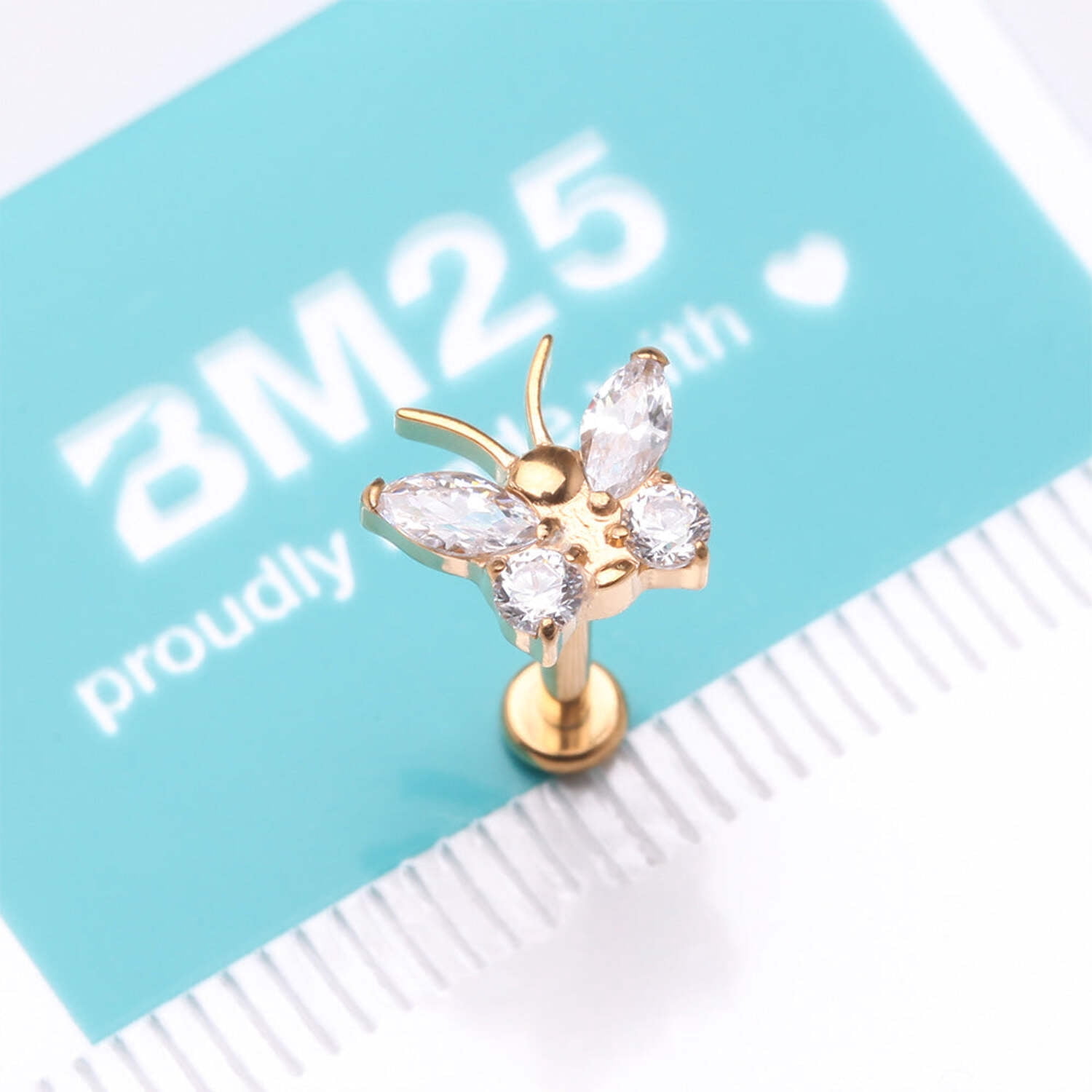 Implant Grade Titanium Golden Butterfly Sparkle Internally Threaded Flat Back Stud Labret