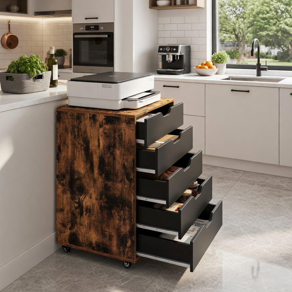 Demi Bonn 5 Drawer Mobile Lateral Filing Cabinet Storage Home Office Floor Cabinet with 4 Wheels, Brown