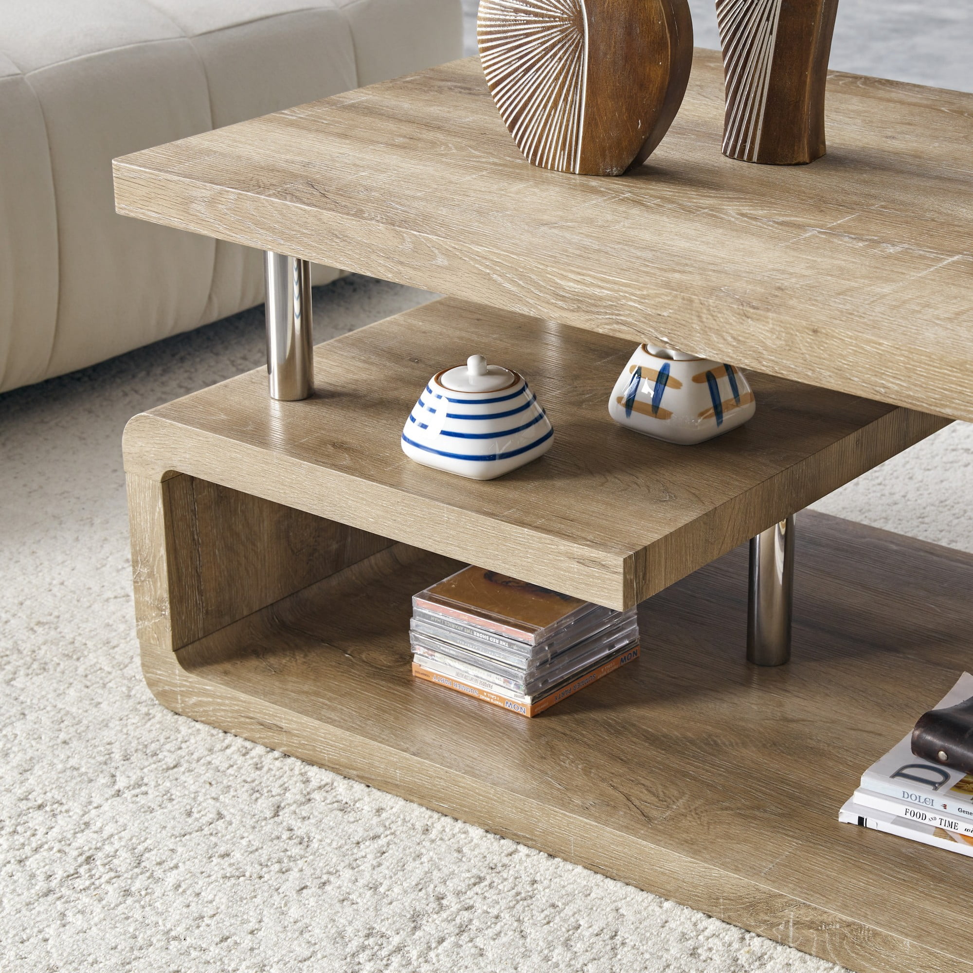 Alvantor 3-Tier MDF Coffee Table with Modern Storage for Living Room or Office