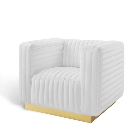 Tufted Armchair Accent Chair, Velvet, White, Modern Contemporary Urban Design, Living Lounge Room Hotel Lobby Hospitality