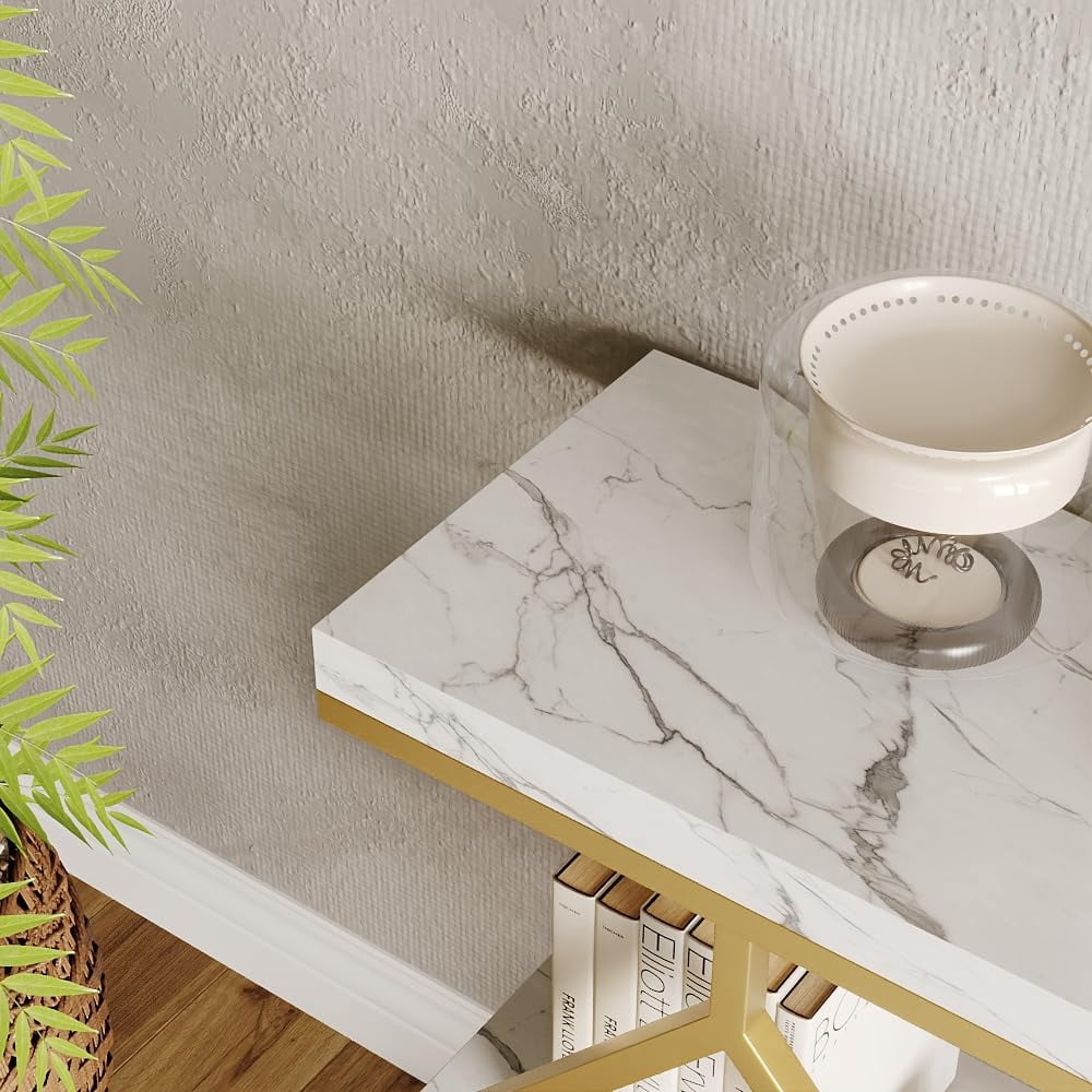 Litake 3-Tier Entryway Table, Industrial Console Sofa Table with Storage, Accent Table with Open Shelves, Diamond-Shaped Metal Frame, Foyer Table for Entryway, Hallway, White