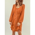 thumbnail image 6 of Asyoly Womens Dresses Long Sleeve A Line Dress Pleated Button Swing Mini Dress Solid Crewneck Elastic Waist Short Dress with Pocket, 6 of 7