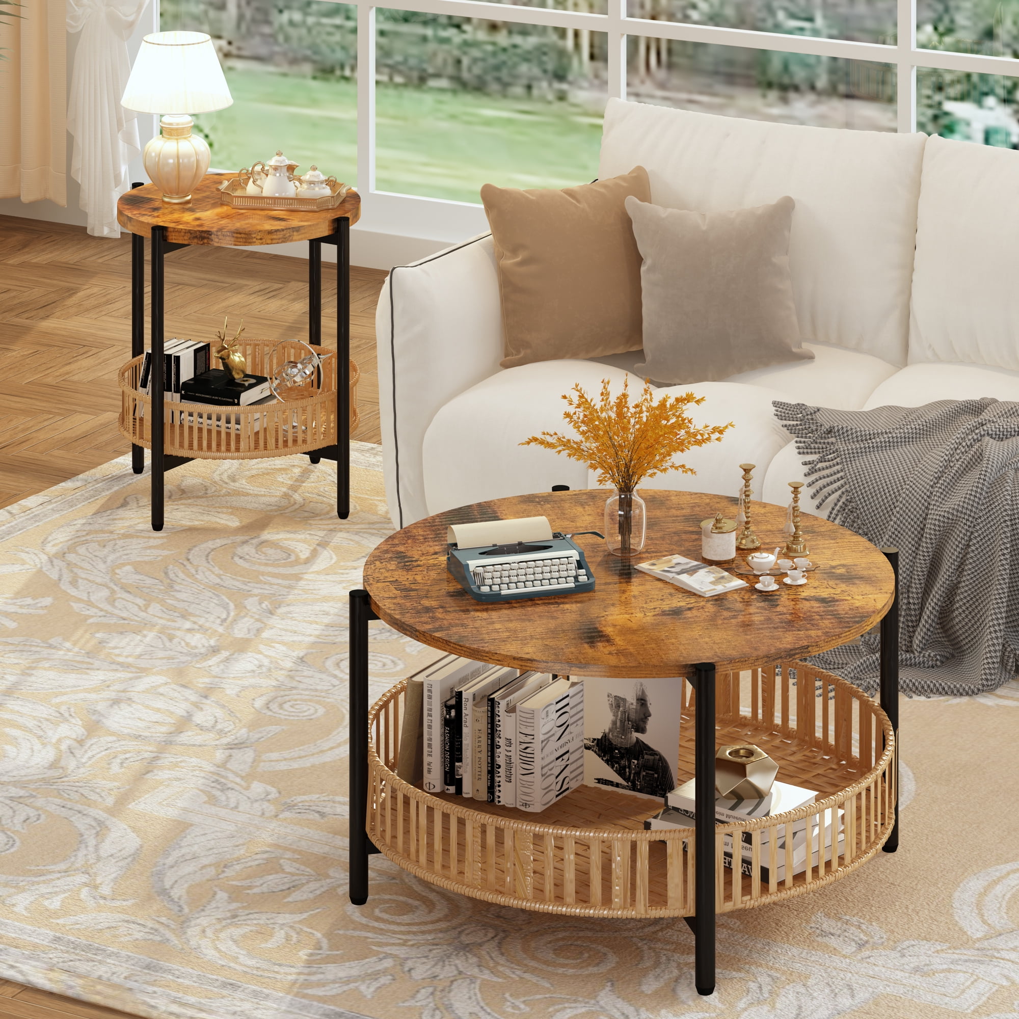 AWQM 3-Piece Round Coffee Table Set with Rattan Storage, Rustic Brown Wood & Woven Side Tables, Space-Saving Living Room Furniture with Natural Boho Style