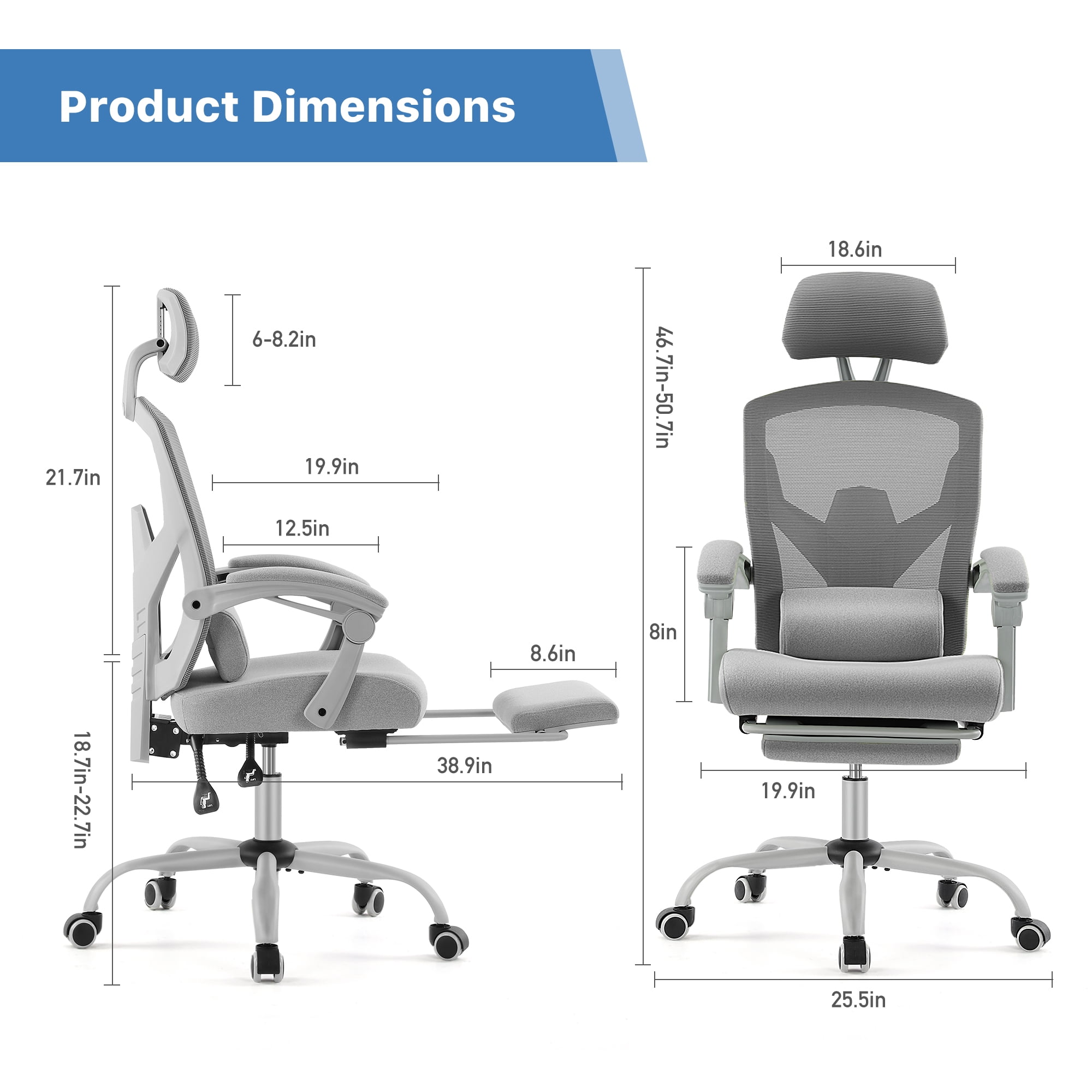 CONCETTA Ergonomic High Back Mesh Office Chair with Headrest, Footrest, Armrests for Adults, Gray