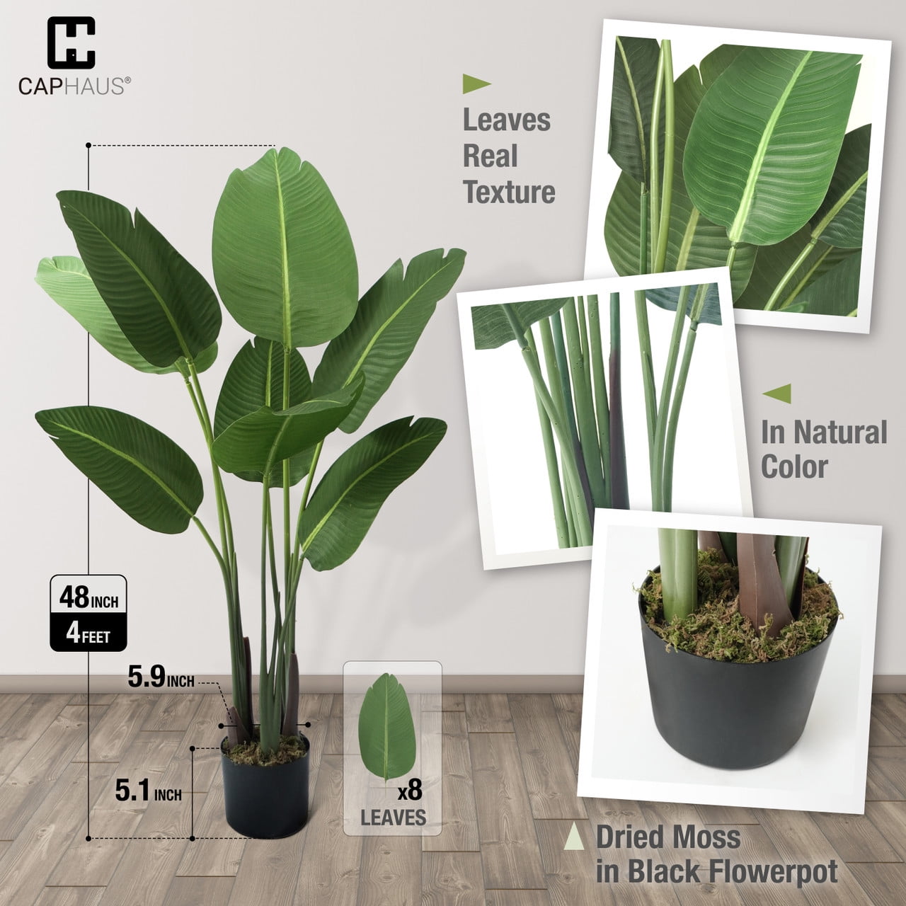 CAPHAUS Artificial Bird of Paradise, Fake Palm Tree Potted Plant, Faux Banana Leaf Tree Plant in Pot with Dried Moss for Office, Indoor, Outdoor, 4 Feet, 48 Inch with 8 Trunks