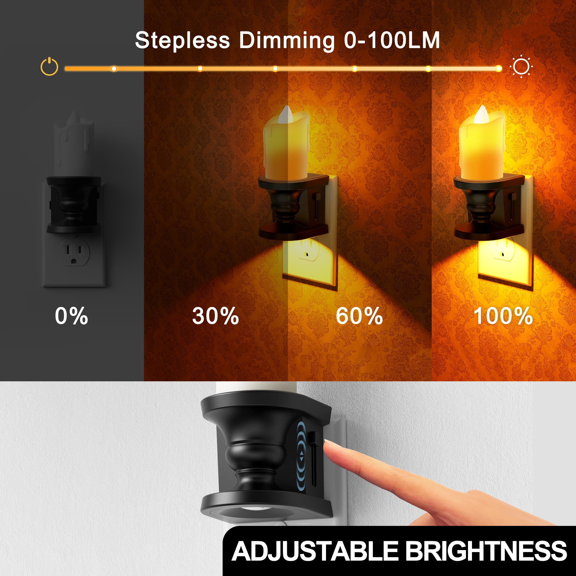 2 Pcs Amber Flickering Flame Candle Night Light with Dimmer