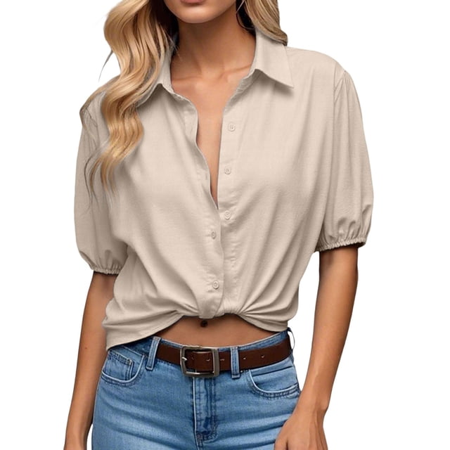 Tops cortos con mangas abullonadas para mujer: camisa con cuello en V y botones, blusas elegantes e informales, material de poliéster, tallas S-XL de EE. UU., versátiles para el trabajo y los outfi
