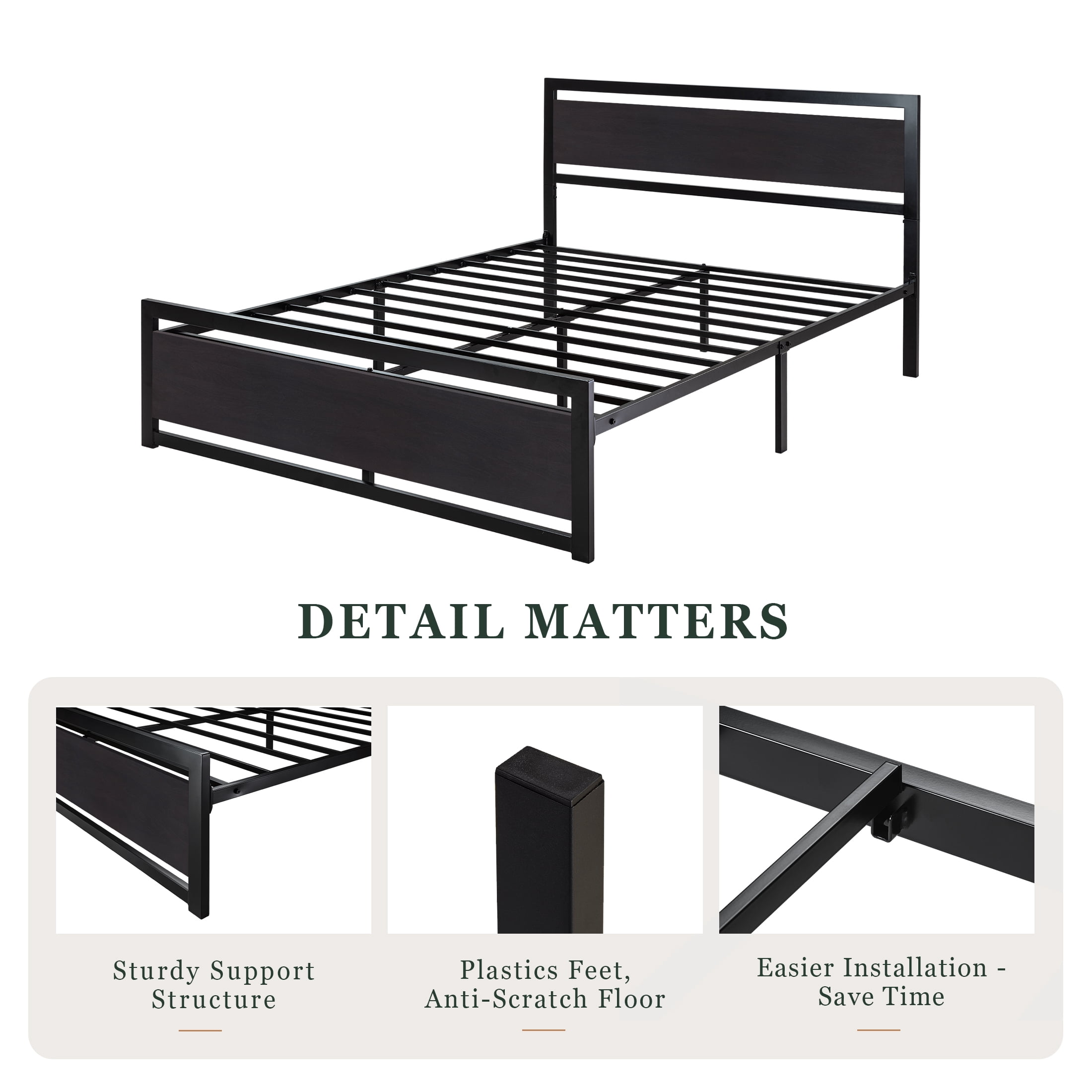 Amolife Queen Size Metal Platform Bed Frame with Solid Metal Slat Support,  Black